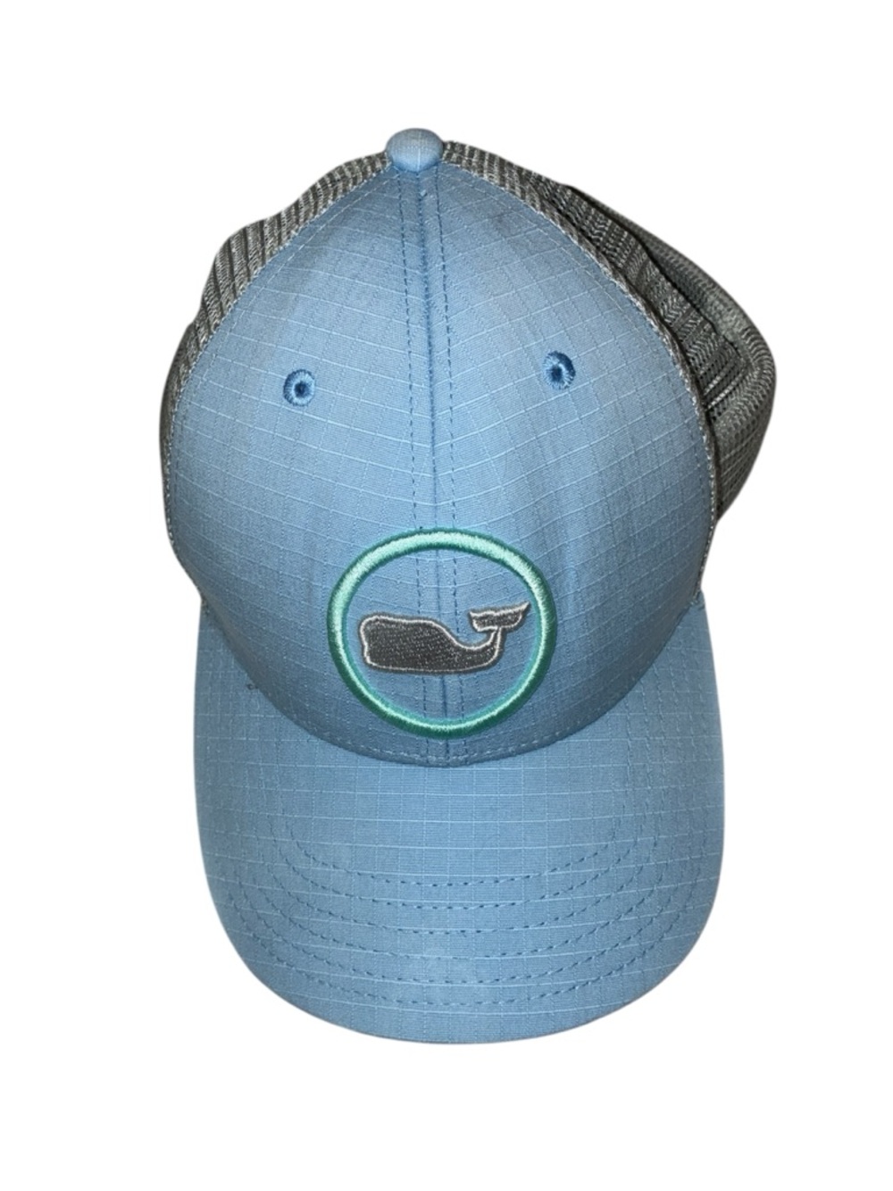 Vineyard Vines Performance Whale Dot Trucker Hat. Light Blue (unisex)